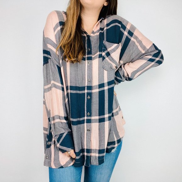 Free People Plaid Pink Blue Oversized 